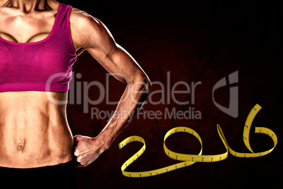 Composite image of female bodybuilder posing with hands on hips