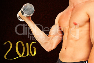 Composite image of strong man lifting dumbbell with no shirt on