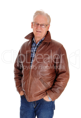 Closeup of a senior man in leather jacket.