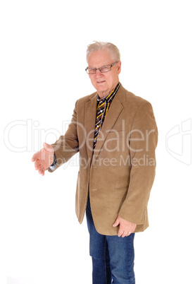 Senior man stretching hand for greeting.