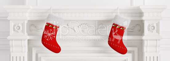 Two red christmas stockings 3d rendering