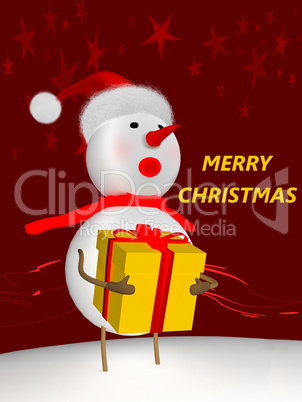 Snowman with santa hat carrying package