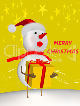 Snowman with santa hat carrying package