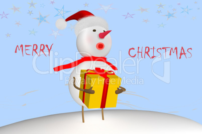 Snowman with santa hat carrying package