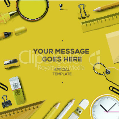 Work space background with copy space for your text, top view. Business and office supplies on yellow background, vector illustration.