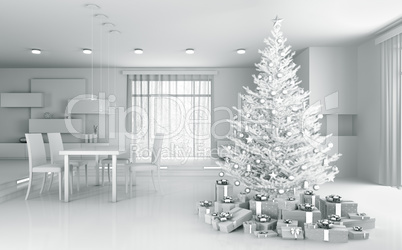 Interior of a white apartment with christmas tree 3d rendering