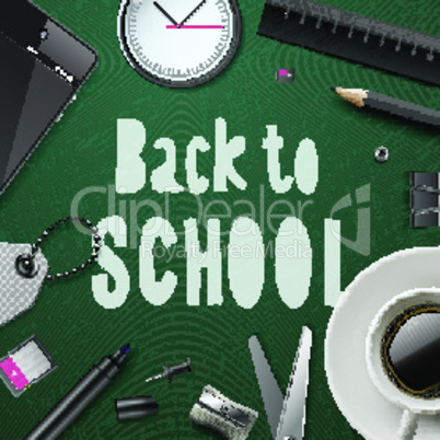 Back to school template with office supplies, green background, vector illustration.