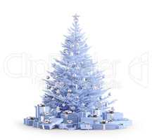 Blue christmas tree with gifts isolated 3d render