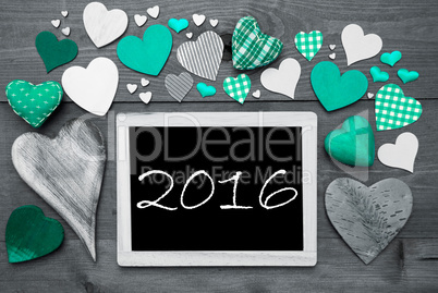 Black And White Chalkbord, Many Green Hearts, Text 2016