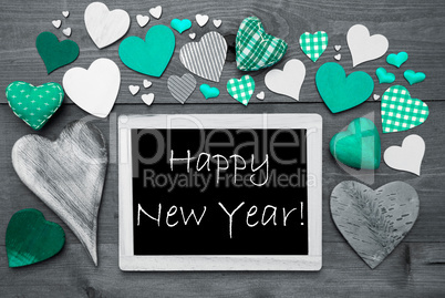 Black And White Chalkbord, Many Green Hearts, Happy New Year