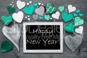 Black And White Chalkbord, Many Green Hearts, Happy New Year