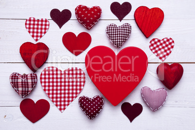 Red Hearts Texture On White Wooden Background, Copy Space