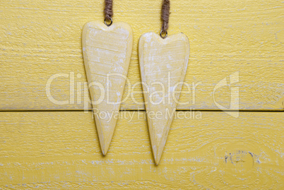 Two Hearts With Copy Space, Yellow Wooden Background