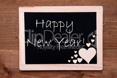 Blackboard With Wooden Hearts, Text Happy New Year