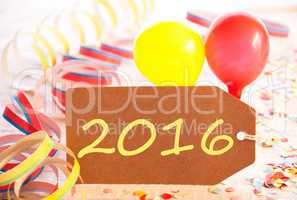 Party Label, Streamer And Balloon, Yellow Text 2016