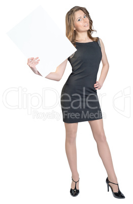 Business woman holding a large blank billboard and shows sign thumb-up