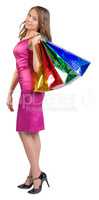 Shopping woman holding bags, isolated on white studio background