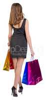 Shopping woman holding bags, isolated on white studio background