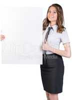 Woman holding a large blank billboard and shows sign thumb-up