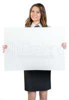 Office woman holding a large blank billboard