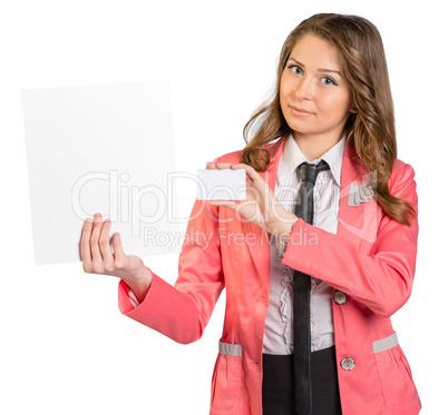 Office Girl in suit holding blank sheet of paper and business card