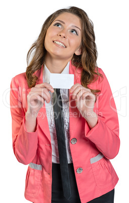 Girl in suit holding blank business card isolated on white background