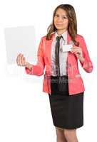 Girl in suit holding blank sheet of paper and business card