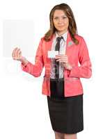 Office woman in suit holding blank sheet of paper and business card