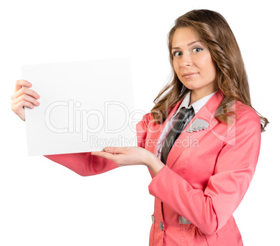 Office Woman in suit holding blank sheet of paper