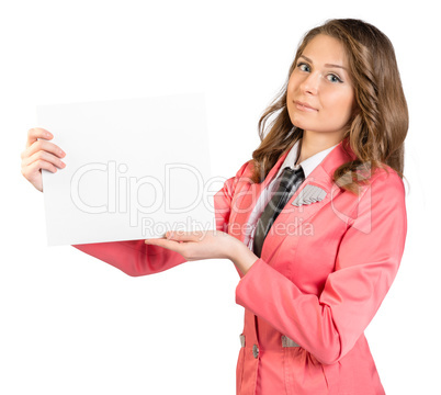 Woman in suit holding blank sheet of paper