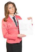 Young business woman in suit holding blank sheet of paper