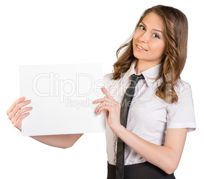 Woman in tie smiling and holding a blank sheet of paper