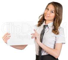 Woman in tie smiling and holding a blank sheet of paper