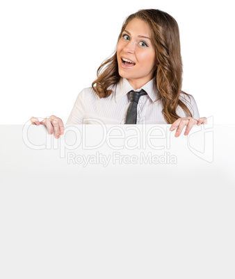 Woman in tie, screams and holding large poster
