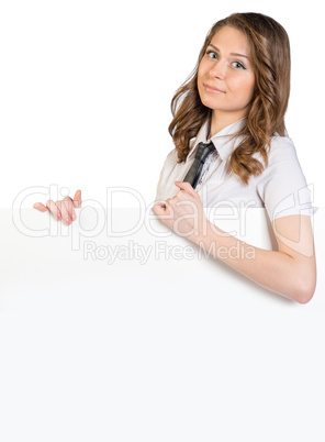 Woman put her hand in tie on large poster