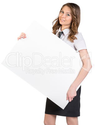 Office woman holding a large blank billboard