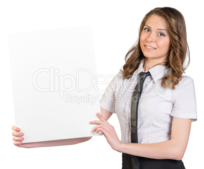 Business woman raised her hands white blank poster