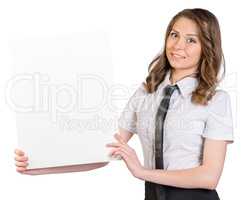Business woman raised her hands white blank poster