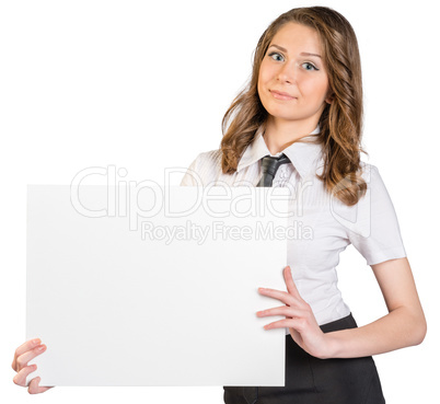 Business woman holding a blank sheet of paper.