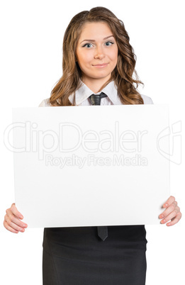Girl holding poster. On white background