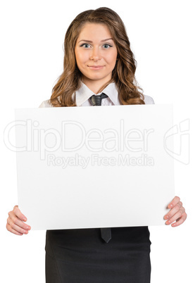 Business woman holding blank poster.