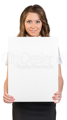 Girl holding poster. On white background