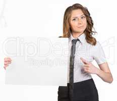 Young business woman holding white blank poster.