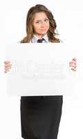Business woman holding white blank poster.