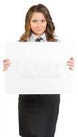 Business woman holding white blank poster.