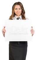 Business woman holding white poster.