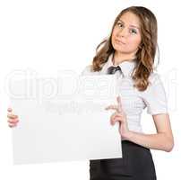 Business woman holding white poster.