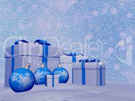 Blue Christmas balls and gifts - 3D render