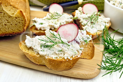 Bread with pate of curd and radish on board