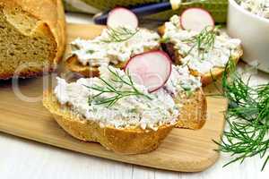 Bread with pate of curd and radish on board